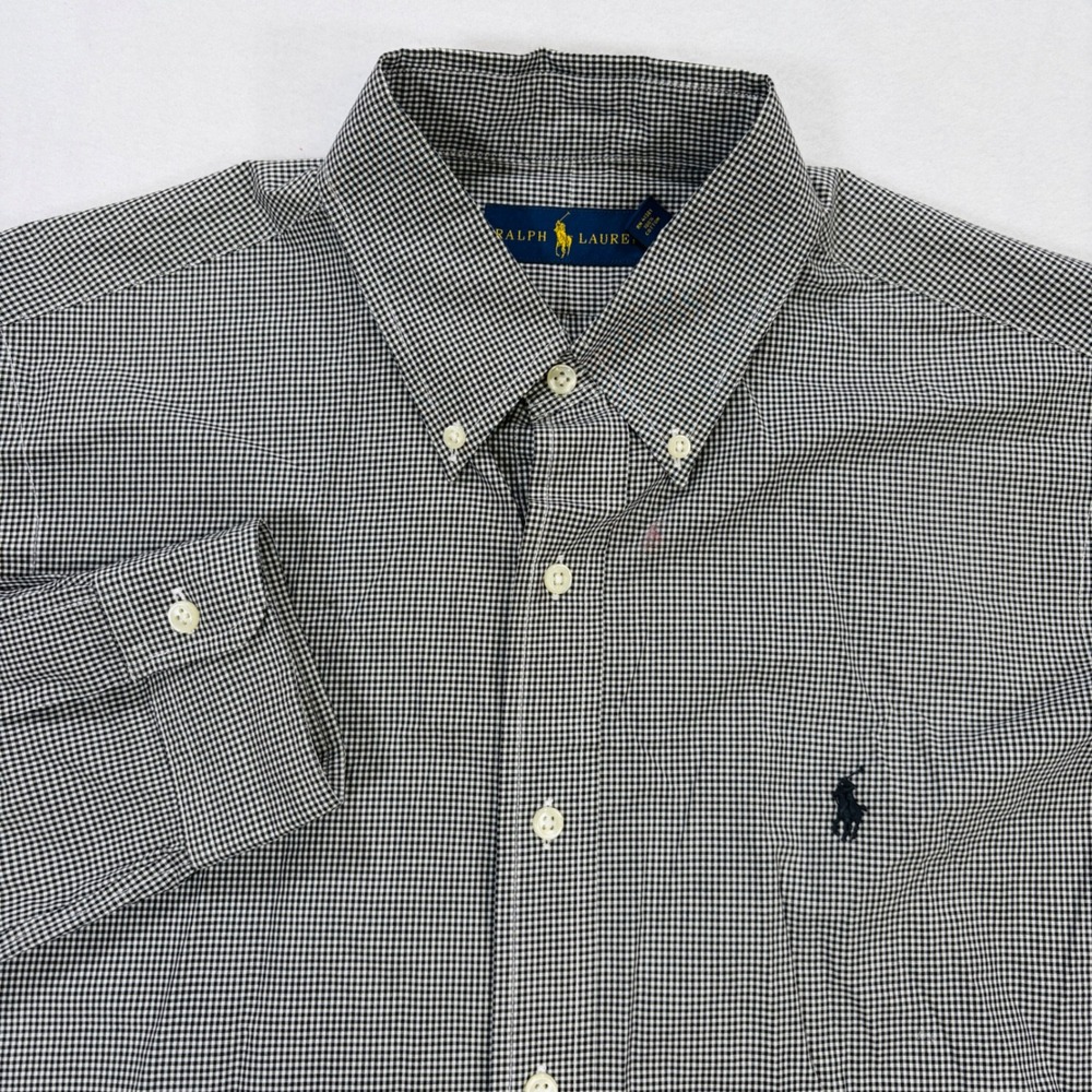 Ralph Lauren Mens Medium Gingham Button Down Shirt Black White LS Cotton